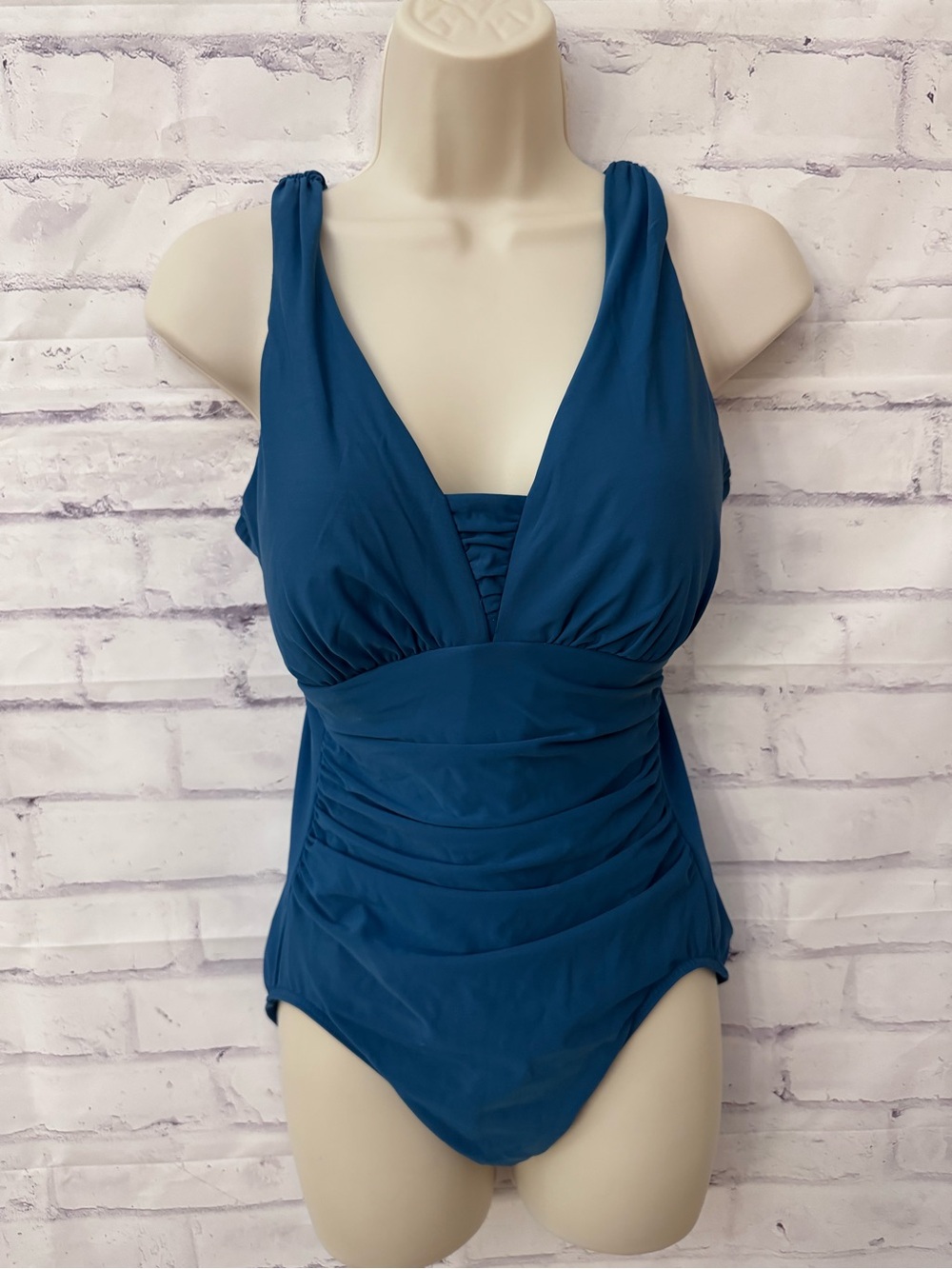 Miraclesuit 12 V Neck Draped Modest Blue One Piece Swimsuit Blue Slimming